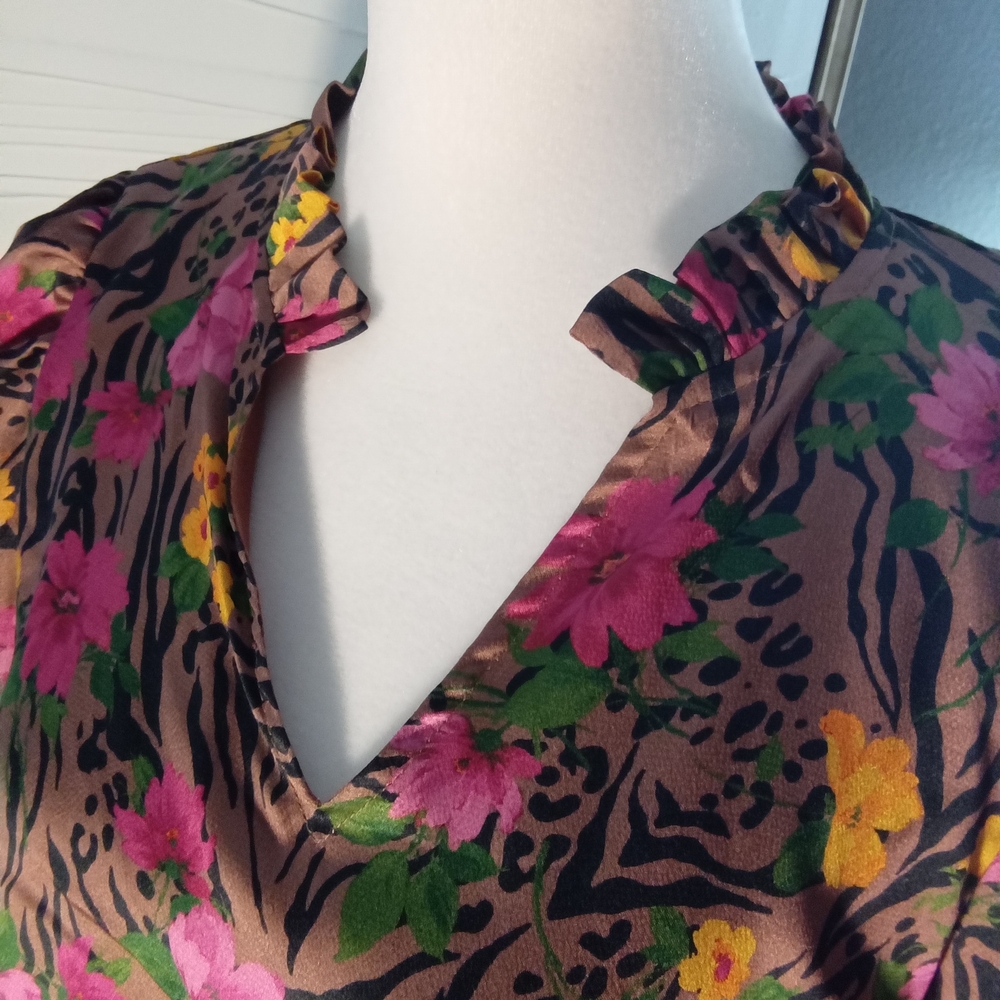 AVARA Floral Animal-Print Midi Dress with Tie Waist - Pink & Yellow - Picture 2 of 4